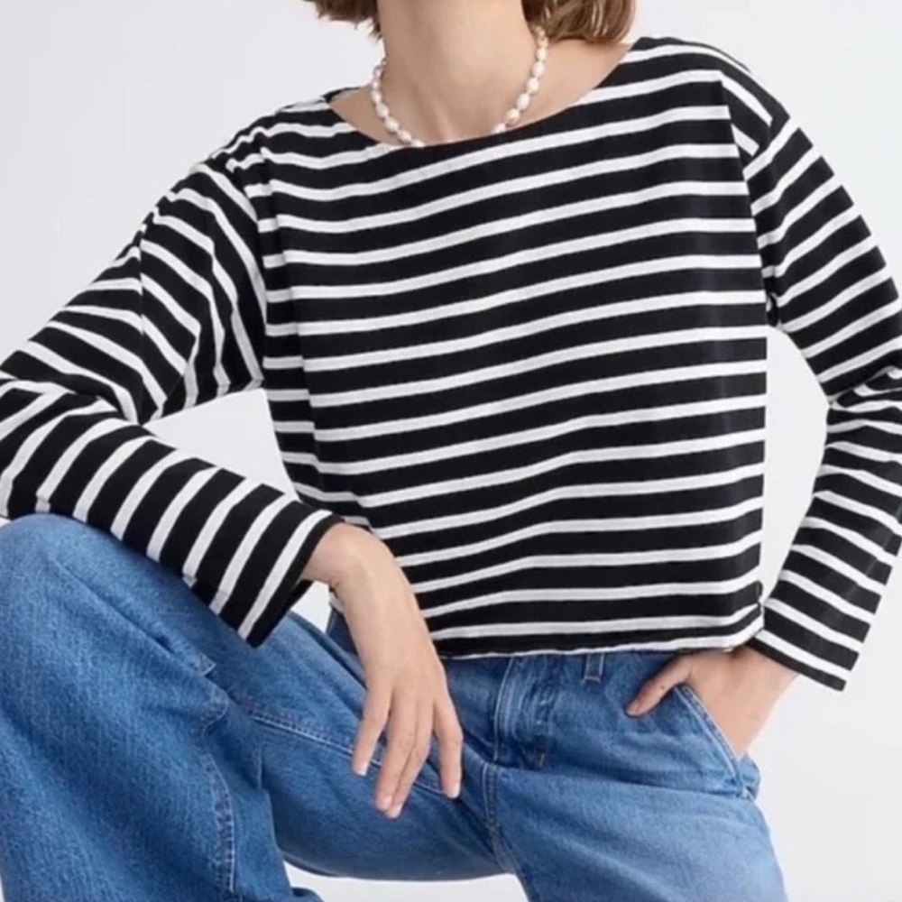 J. Crew - Black and White Striped Cropped Boatneck T-Shirt
